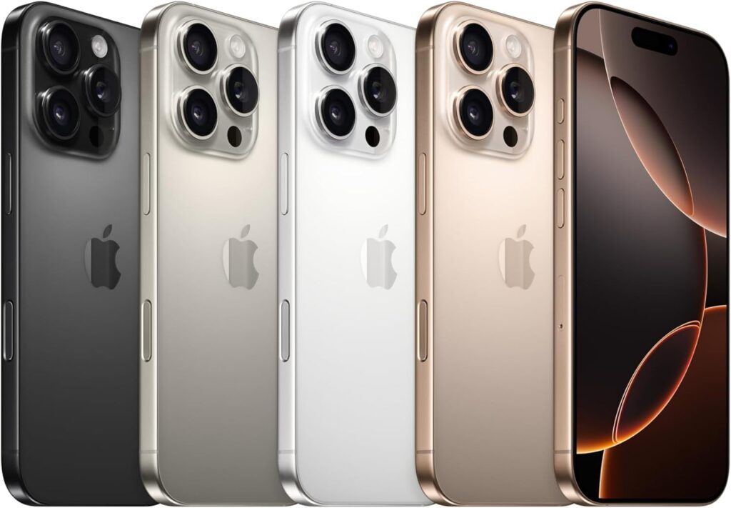 Apple iPhone 16 Pro Max front and back view in Desert Titanium